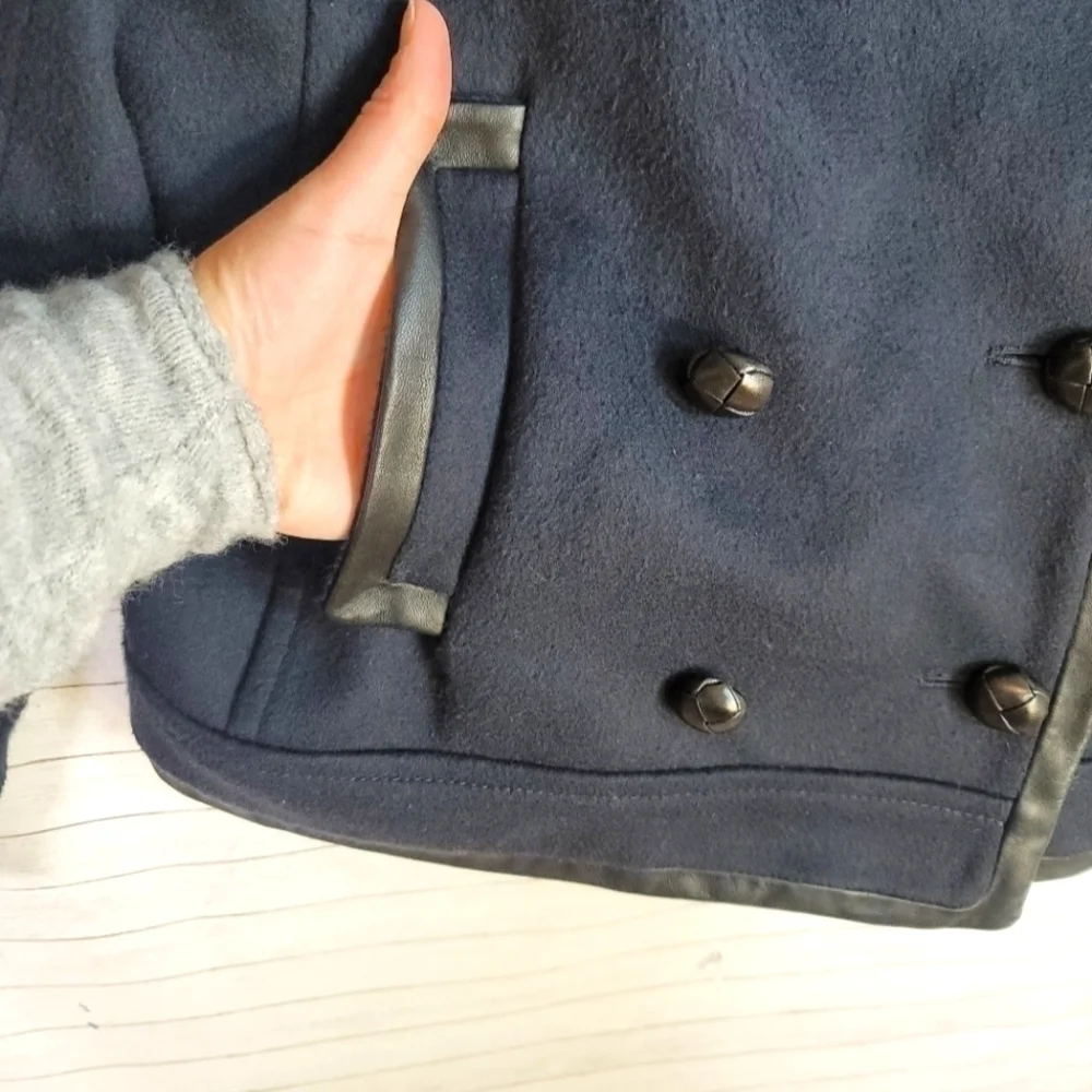 J.CREW COLLECTION NAVY WOOL & BLACK LEATHER TRIM PEACOAT, SZ 6 - Picture 3 of 14